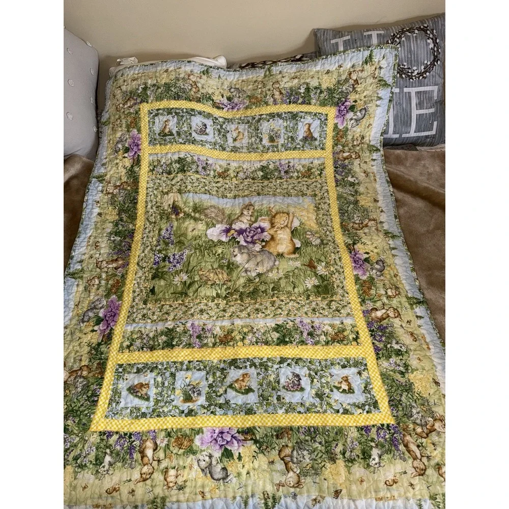 Handmade Quilt Rabbit Butterflies Floral Turtle Cottagecore Child Gorgeous